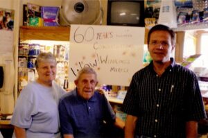 June Winking, Dick Winking and Frank Winking on 60th anniversary at Winkings Market.